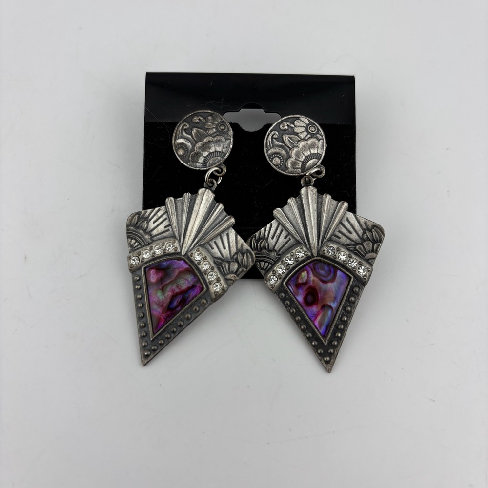 Duri Drop Earrings Silver Tone Purple Vintage Art Deco Abalone Geometric